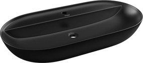 Umywalka ceramiczna nablatowa owalna czarna z otworem i z półką na mydło 80 x 40 cm DECOS Black z rantem Slim