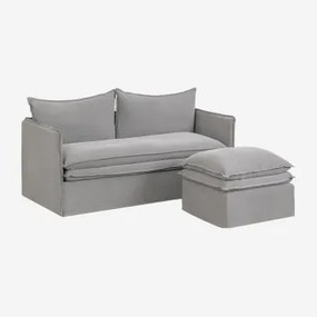 Zestaw Do Salonu Z Dwuosobową Sofą I Pufą Z Lnu I Bawełny Grace Tkaniny Dark Grey - Sklum