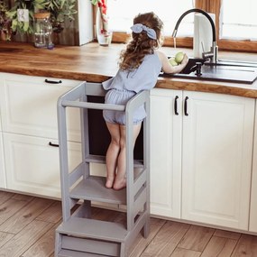 Kitchen helper z tablicą drewniany pomocnik kuchenny dla dziecka, szary ciemny - meowbaby®