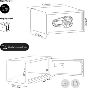Sejf hotelowy elektroniczny z zamkiem na kod, na laptopa 15″ i dokumenty, 200 x420x370 mm: ALFRED