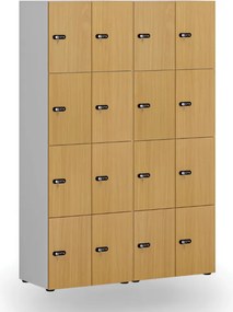 Drewniana szafka skrytkowa S4, 8 schowków, demontaż, zamek mechaniczny z kodem, szary/buk