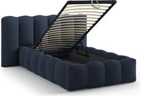 Niebieskie tapicerowane łóżko jednoosobowe ze schowkiem i stelażem 90x200 cm Lupine – Micadoni