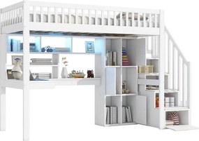 Łóżko piętrowe 90 x 200 cm z biurkiem, schowkami i półkami - LED - Sosna + MDF - Białe (materac nie jest wliczony w cenę)