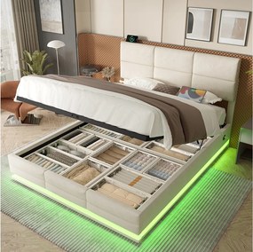 Łóżko z pojemnikiem 180x200 cm - Łóżko dla dorosłych z regulowanym zagłówkiem, oświetleniem LED i portem USB - aksamit - beżowy - bez materaca