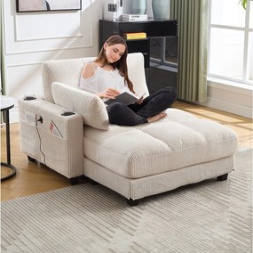 Sofa 1-osobowa z podłokietnikami - Sofa relaksacyjna z 2 uchwytami na kubki i kieszeniami bocznymi - beżowy sztruks