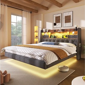 Łóżko dla dorosłych 140x200 cm, łóżko dwuosobowe z USB i oświetleniem LED, zagłówek ze schowkiem - Szary len (bez materaca)