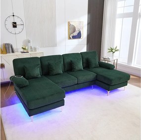 Sofa w kształcie litery U - 265 x 135 x 88 cm - z diodami LED + port USB-C + 4 poduszki - aksamit - zielony