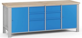 Stół warsztatowy G7, blat bukowy, 2100 x 685 x 840 mm, 2x szafka, 6x szuflada, niebieski