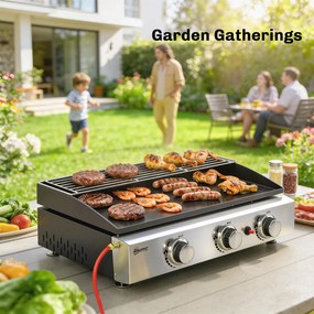 Outsunny Grill Gazowy 7,5 kW Przenośny Stołowy z 3 Palnikami Powłoka Ceramiczna Ruszt do Podgrzewania | Aosom PL