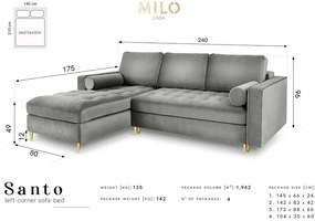 OUTLET Narożnik Rozkładany Lewostronny Granat Welur 240/175/96 Santo od Milo Casa