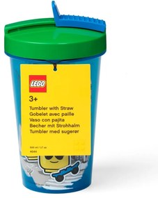 Niebieski kubek podróżny z zielonym wieczkiem i słomką LEGO® Iconic, 500 ml