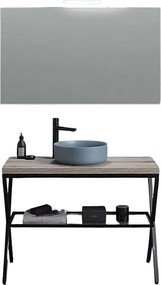 Stojąca szafka łazienkowa "Medellín" 100 cm z dębu kopalnego z okrągłą szarą ceramiczną umywalką i prostokątnym lustrem