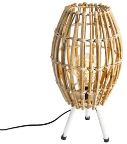 Rustykalna lampa stołowa na trójnogu z bambusa z białym - Canna Capsule Rustykalny / Vintage Oswietlenie wewnetrzne