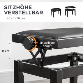 HOMCOM Ławka do pianina, stołek fortepianowy, regulacja wysokości, ekoskóra, drewno, czarna, 63x33x56cm | Aosom PL