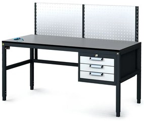 Antystatyczny stół warsztatowy ESD z panelem perforowanym, 3 skrzynki szufladowe na narzędzia, 1600 x 800 x 745-985 mm