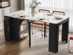 Wyspa kuchenna - z USB i LED - ze zdejmowanym i rozsuwanym stołem jadalnianym - tekstura marmuru - z 1 drzwiami - czarny + biały