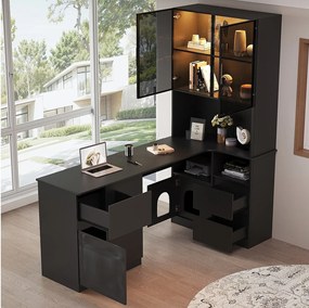 Biurko narożne 120×80×180 cm - Z półkami i witryną LED - 3 szuflady, 2 drzwi i otwarte półki - MDF - Czarny