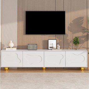 Szafka RTV biała 180 cm z 4 drzwiczkami we wzór chmur i 5 złotymi nogami - Do salonu