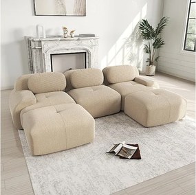 Modułowa sofa narożna 3-osobowa - z Welur - z 3 poduszkami i 2 pufami - 298x178x75cm - Beżowy