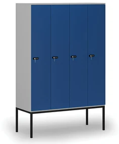 Drewniana szafa ubraniowa z podstawą, 4-drzwiowa, 1871 x 1200 x 500 mm, zamek mechaniczny z kodem, szary/niebieski