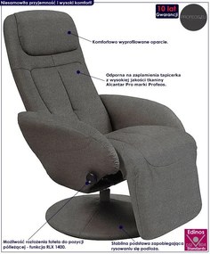 Popielaty wypoczynkowy obrotowy fotel rozkładany - Timos 2X