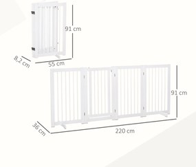 PawHut Bramka Zabezpieczająca dla Psów 4-elementowa, 220 x 91 cm Składana Bramka z Drzwiami, Wolnostojąca, z 2 Podpórkami, Ażurowa, Drewniana, na Korytarz, Kuchnię, Schody, Biała