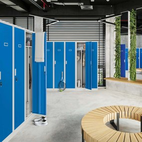 Szafka ubraniowa BHP szaro-niebieska: czterokomorowa KACPER, 800 x 1800 x 500 mm