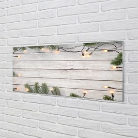 Panel szklany do Kuchni Świąteczne Lampki na Drewnie