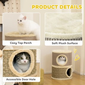 PawHut Beczka do drapania, wysokość 49 cm, Ø35,5 cm dwupoziomowa beczka z obszyciem z pluszu mata do drapania, 2 kryjówki Khaki+Kawowy