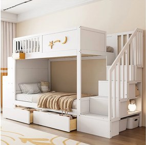 Łóżko piętrowe dla dzieci - 2 x 90 x 200 cm - z szufladami + schodki do przechowywania + biurko - lita sosna - białe