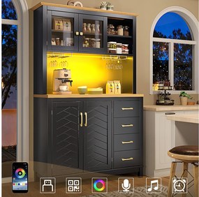 Kredens kuchenny w stylu rustykalnym - 105,5 x 40 x 180 cm - 4 drzwi + diody LED + uchwyty na kubki + szuflady - MDF - czarny