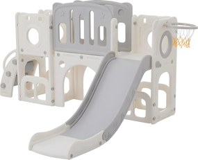 Zjeżdżalnia dla dzieci 6 w 1 - składająca się z zjeżdżalni, kosza do koszykówki, schodów, tunelu i dwóch schowków - Polietylen - Jasnoszary