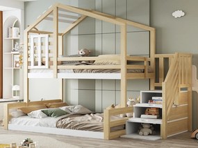 Łóżko piętrowe 90x200cm + 140x200cm z litego drewna - z barierkami i schodami do przechowywania - Białe i Naturalne