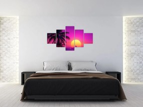 Obraz - Fioletowy zachód słońca z palmą (125x70 cm)