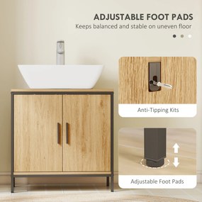 HOMCOM szafka pod umywalkę, szafka z 2 drzwiami, regulowana półka, 60x30x60 cm szafka łazienkowa z ramą stalową, do umywalek bez podstawy, Dąb