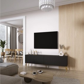 Szafka pod telewizor 170, fronty ryflowane, Czarny Mat, nóżki pochyłe złote, 170 × 32 × 52 cm