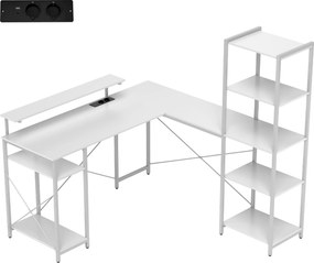 HOMCOM L-kształtne biurko narożne z zintegrowanym gniazdkiem, stojakiem na monitor i półką na przechowywanie, biały