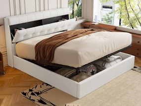 Łóżko 160x200 cm - z ekoskóry - wezgłowie z miejscem do przechowywania - Białe