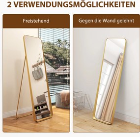 HOMCOM Lustro pełnowymiarowe, wolnostojące, regulowane, z metalową ramą, MDF, 160 x 50 cm, Kolor Złoty