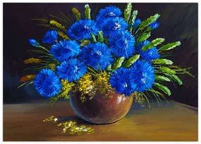 Obraz na szkle niebieskich kwiatów w wazonie (70x50 cm)