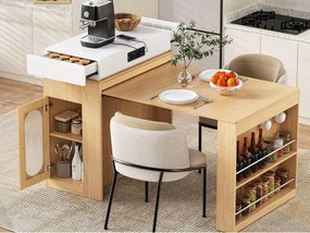 Centralna wyspa kuchenna - stół rozsuwany - z gniazdkiem elektrycznym - z kółkami i miejscem do przechowywania - z haczykiem - Naturalny