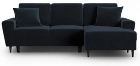 Ciemnoniebieski aksamitny rozkładany/ze schowkiem narożnik (prawostronny/z szezlongiem) Kyoto – Cosmopolitan Design