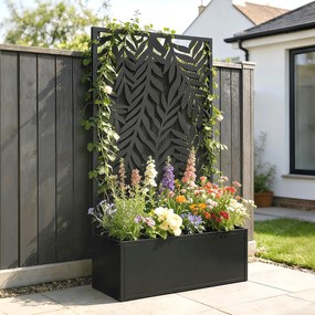 Outsunny Donica z osłoną wizualną Donica z kratką tropikalne motywy liści 61 x 23 x 113 cm Czarny | Aosom PL