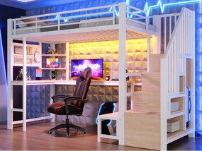 Łóżko antresola 90 x 200 cm - z biurkiem - z portami USB + USB-C - z oświetleniem LED - białe (materac nie wliczony)