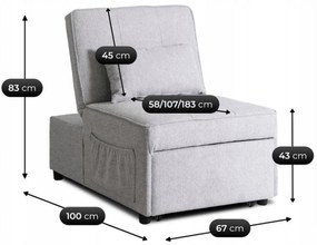 Fotel Wypoczynkowy Rozkładany IBERIS 67 cm Szary Tapicerowany Nowoczesny