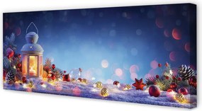 Obraz na płótnie Lampion, Śnieg, Gałązki i Bombki