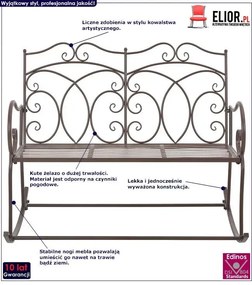 Brązowa bujana ławka ogrodowa metalowa - Ridon