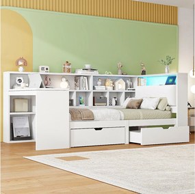 Łóżko dziecięce kombinowane - 90 x 200 - z biurkiem + regałem + 2 szufladami + oświetleniem LED - MDF - białe