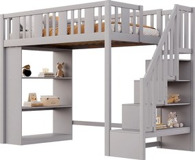 Łóżko typu mezzanine 90x200cm - ze schodami do przechowywania - z komorami do przechowywania - szare (materac nie wliczony)