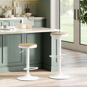 HOMCOM Stołki barowe 2 szt., regulowane, obrotowe 360° z ramą stalową i podnóżkiem 38,5x38,5x60-80 cm Drewno naturalne+Biały | Aosom PL